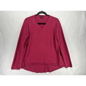 Eileen Fisher Sweater XS Burgundy Wine 100% Merino Wool Hi Low V Neck Minimalist